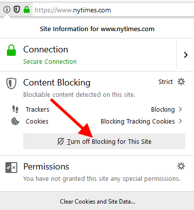 turn off content blocking firefox