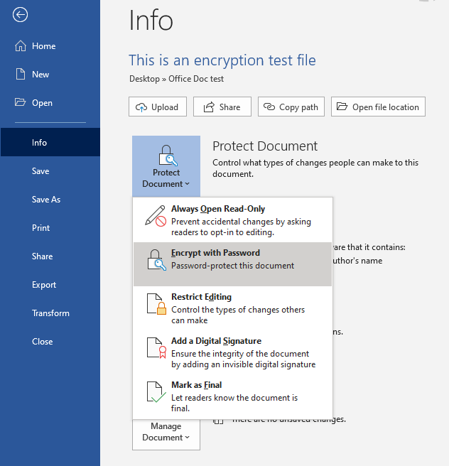 microsoft office encrypt files with password