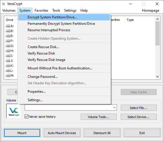 veracrypt encrypt system partition step 1