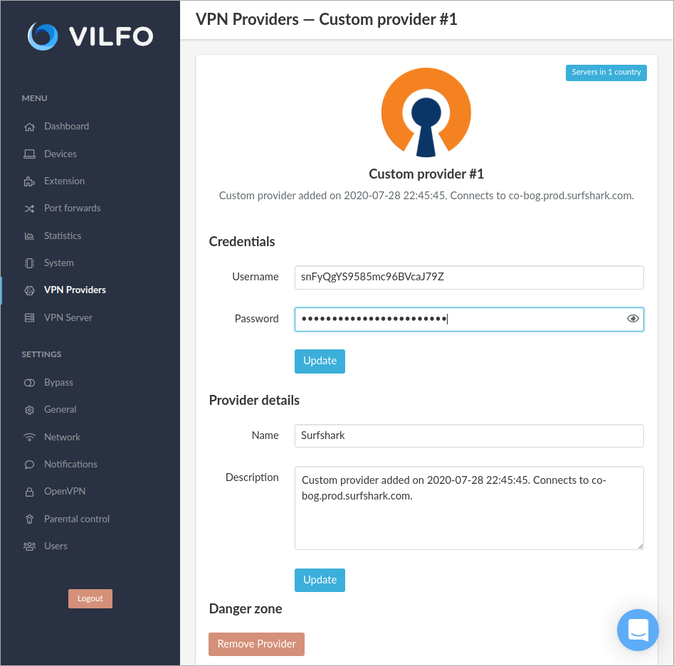 vilfo vpn router custom provider page