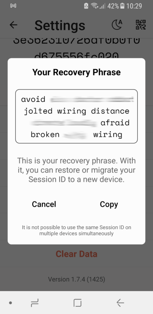 Session Messenger Recovery Phrase