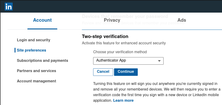 2FA LinkedIn account