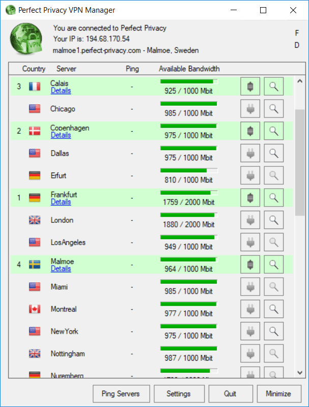 Perfect privacy four VPN servers