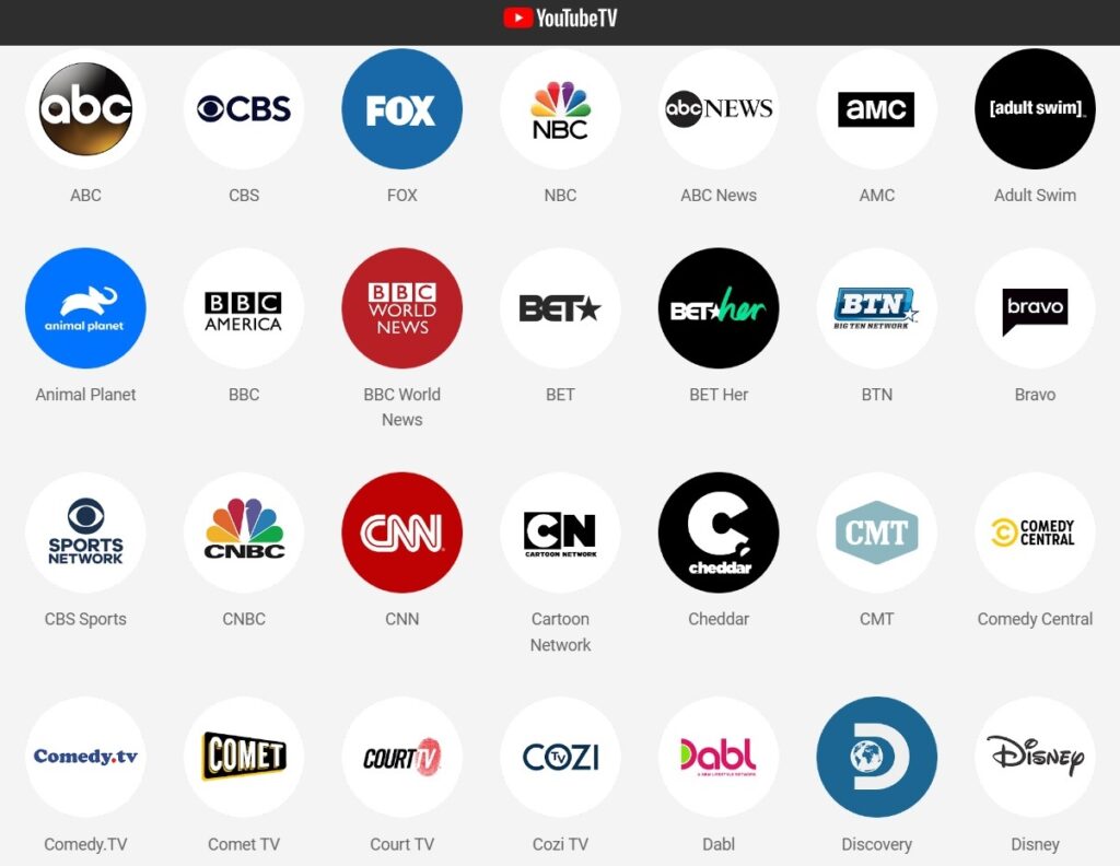 YouTube TV channels