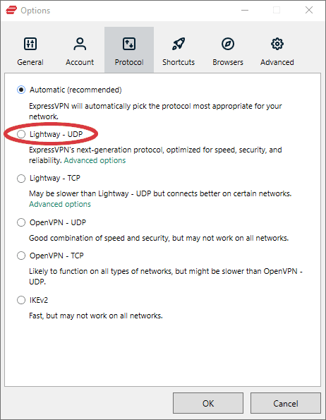 ExpressVPN Lightway option