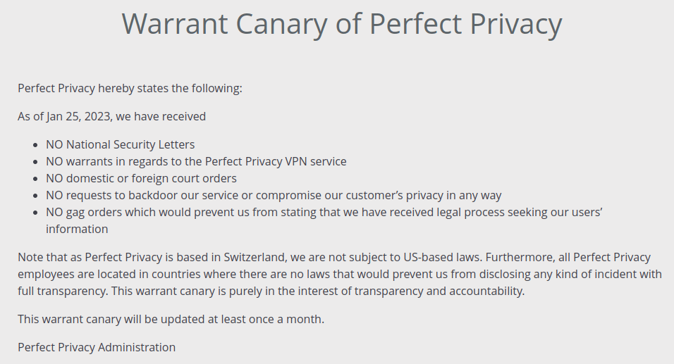 Perfect Privacy VPN Warrant Canary