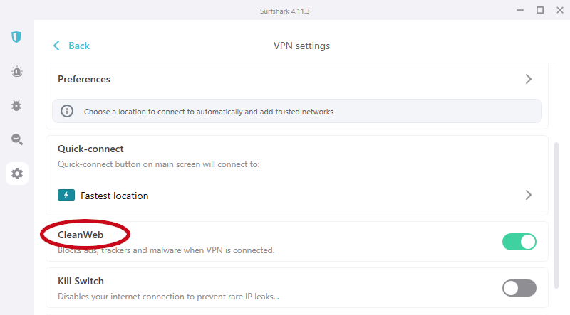 Surfshark Settings, Preferences, CleanWeb