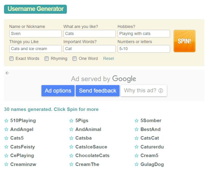 SpinXO username generator