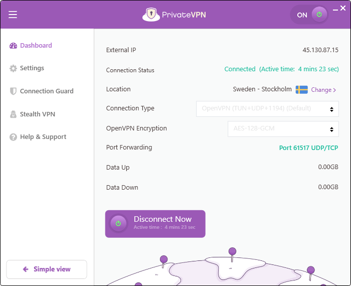 PrivateVPN Advanced view