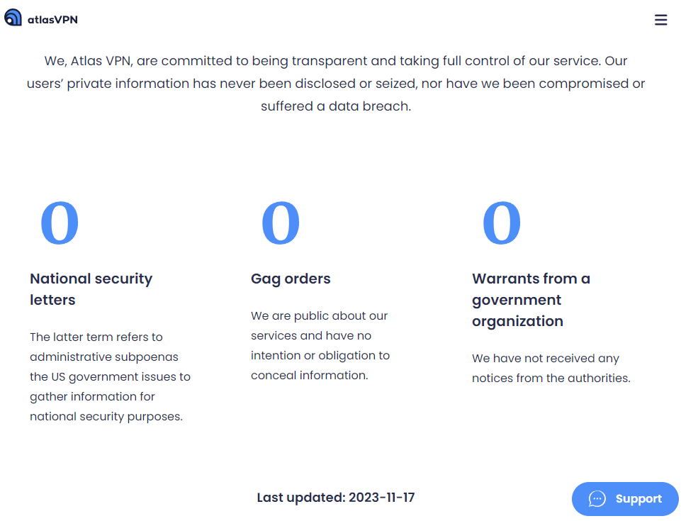 Atlas VPN Warrant Canary