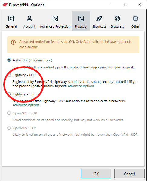 Enable the Lightway protocol in ExpressVPN