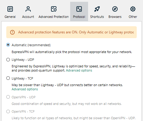 Multiple ExpressVPN protocols