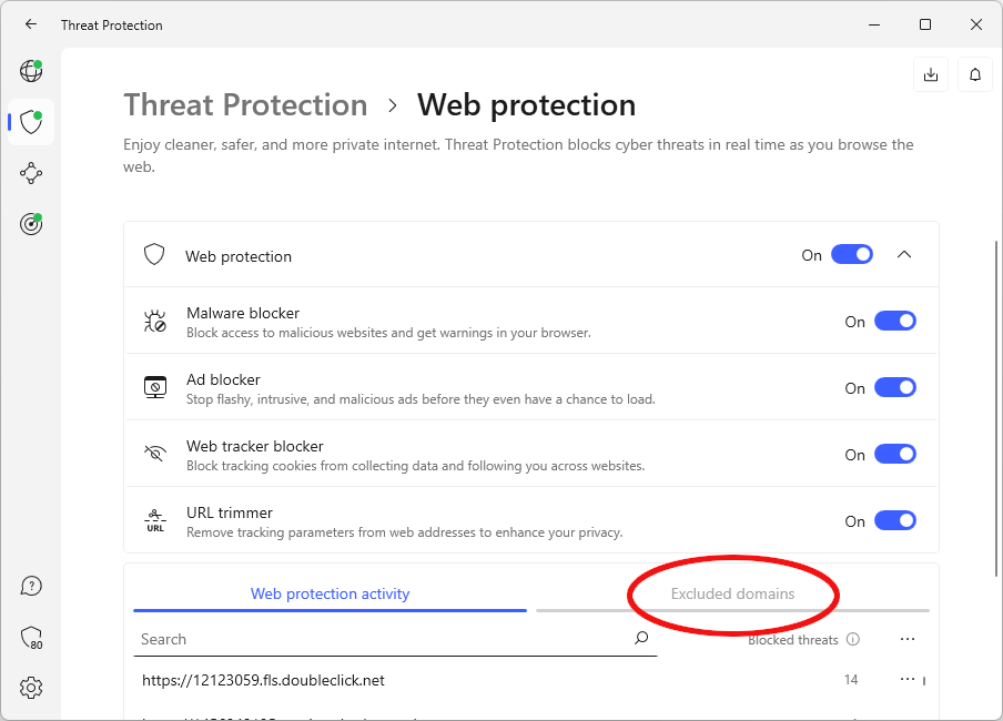 NordVPN Threat Protection, Web Protection Excluded domains