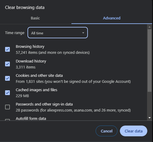 Chrome clear browser cookies and cache