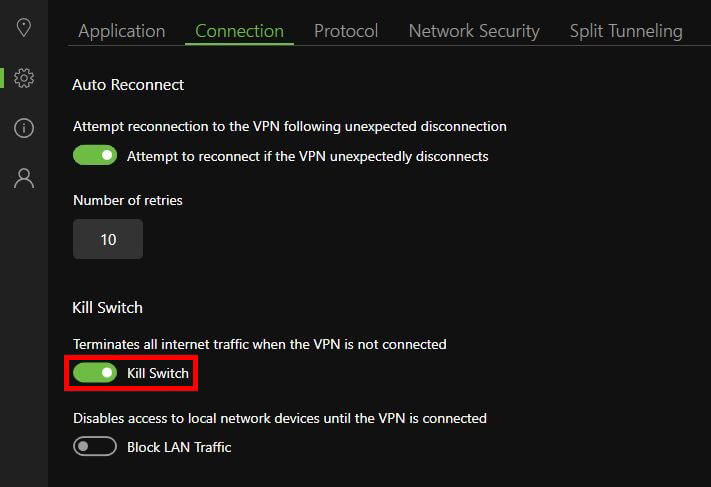 IPVanish kill switch option