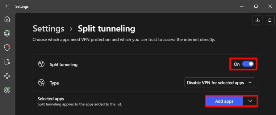 NordVPN Split tunneling feature