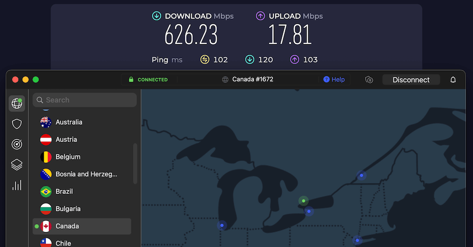 NordVPN Toronto Canada speed test result