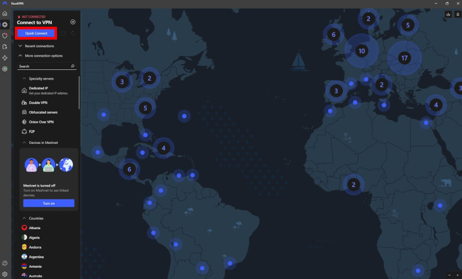 NordVPN app server options