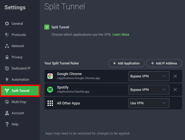 PIA split tunneling