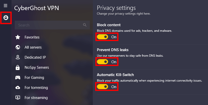CyberGhost  privacy settings