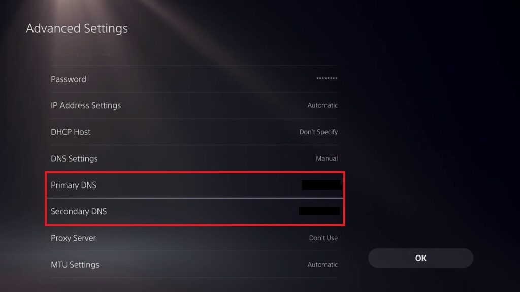 Input Primary and Secondary DNS on PS5