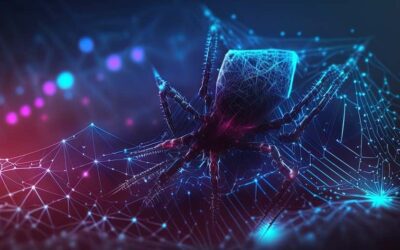 Cyber microchip spider networked on a digital data spider web mesh, artificial intelligence created with generative ai technology