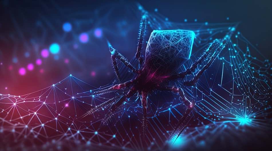 Cyber microchip spider networked on a digital data spider web mesh, artificial intelligence created with generative ai technology