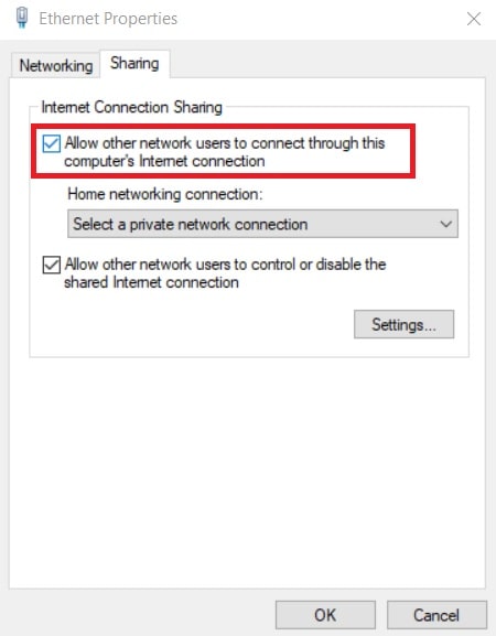 Sharing tab in ethernet properties