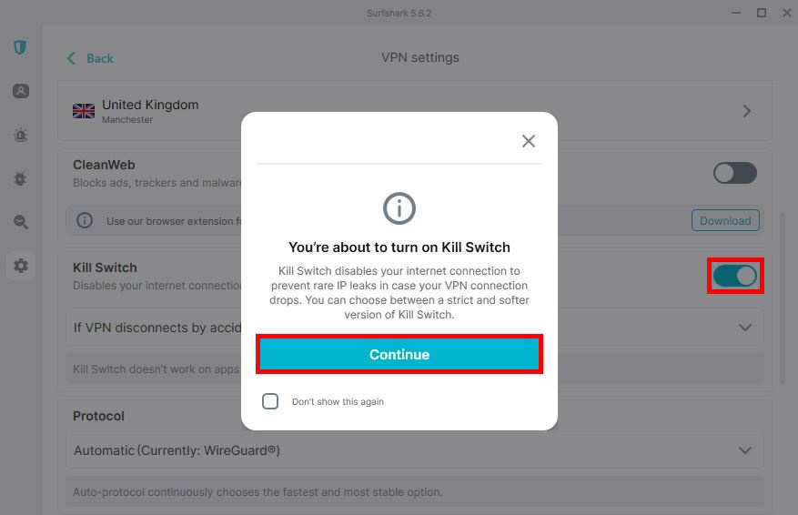 Surfshark kill switch option