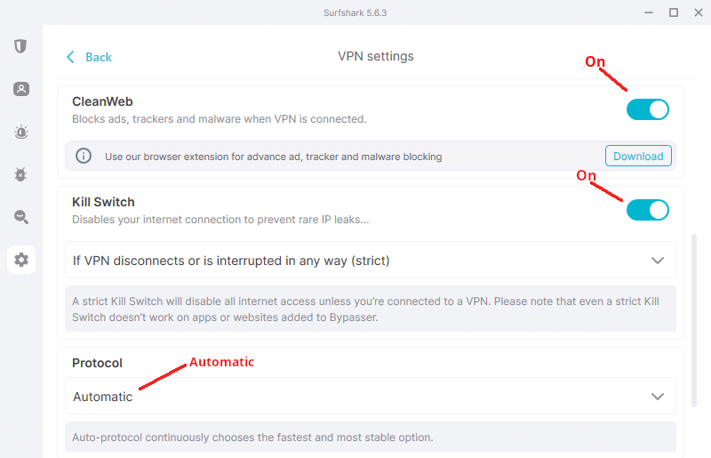 Setting important pre-torrenting setting with Surfshark 5.6.3