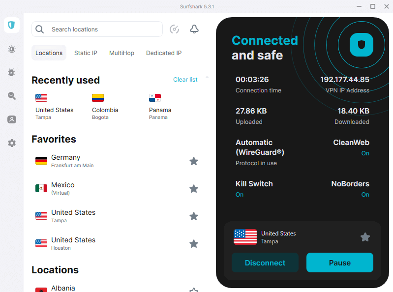 No-lag VPN: Surfshark UI