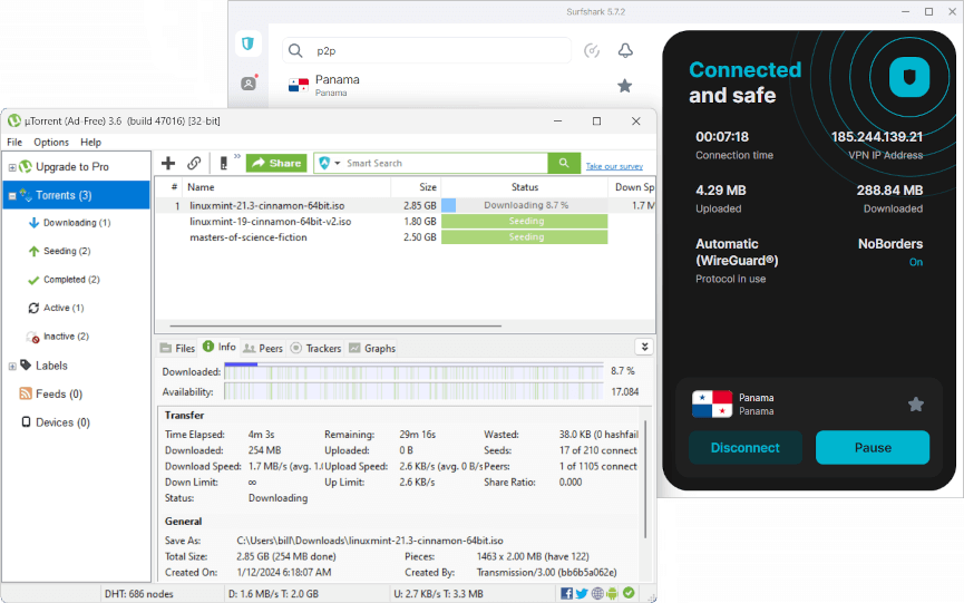 Surfshark and uTorrent downloading a Linux torrent