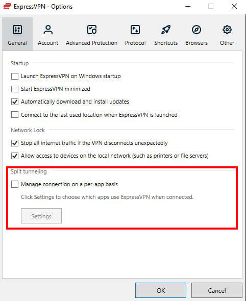 ExpressVPN split tunneling