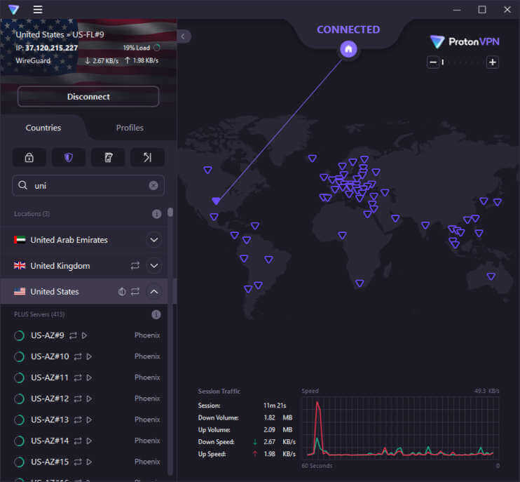 Proton VPN user interface