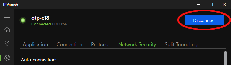 IPVanish show the Disconnect button