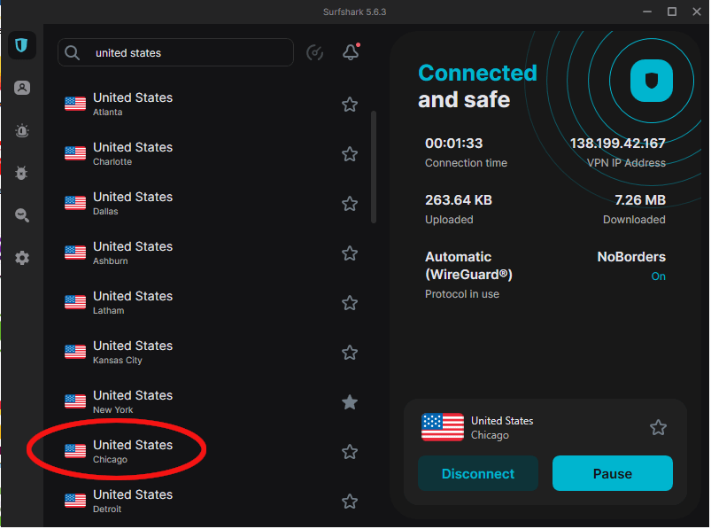 Surfshark connected to a VPN server in Chicago