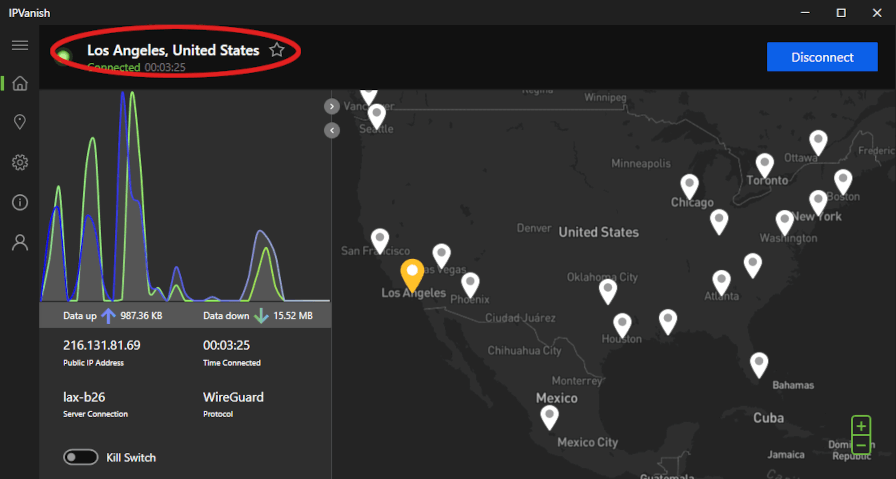 IPVanish connected to a server in LA