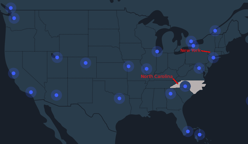 NC and NY on NordVPN map