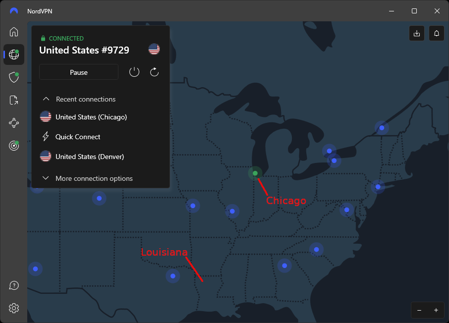 NordVPN - Louisiana viewing Pornhub through Chicago