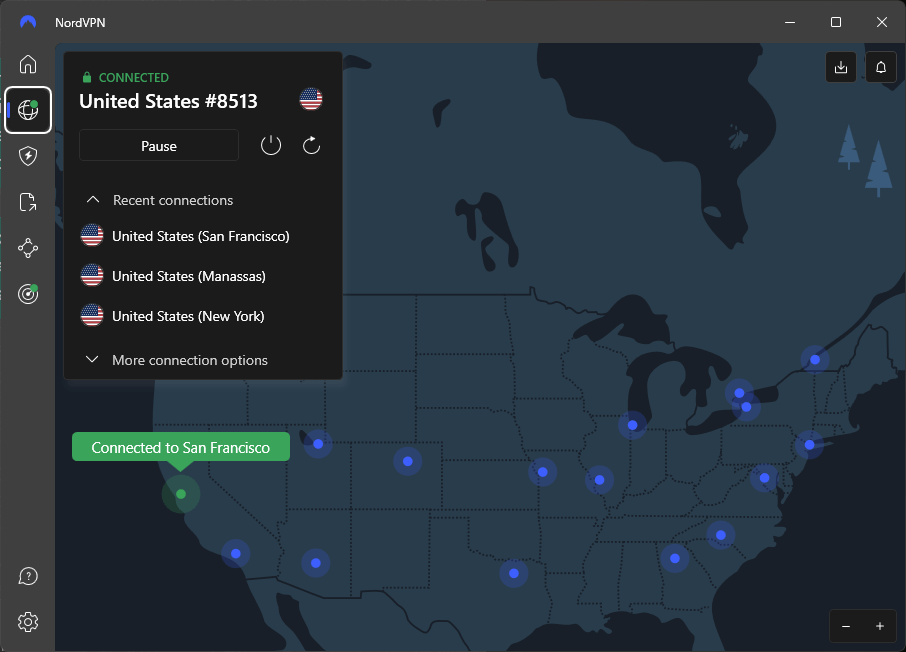 NordVPN connected to San Francisco for Nebraska