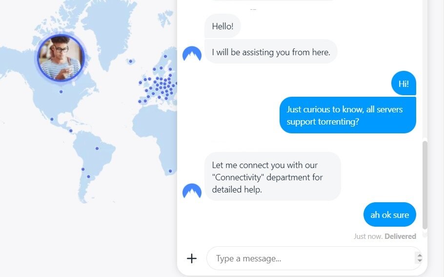 Screenshot of talking to a live support rep from NordVPN