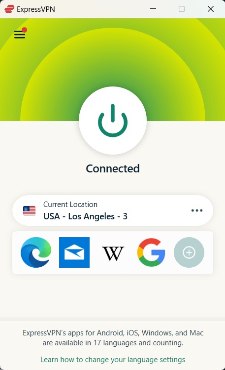 Screenshot of ExpressVPN's Windows app interface