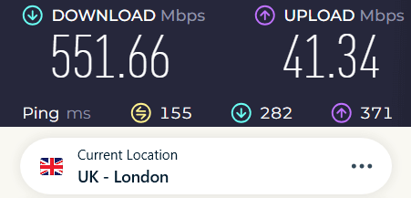 Screenshot of a speed test with ExpressVPN connected to a London server