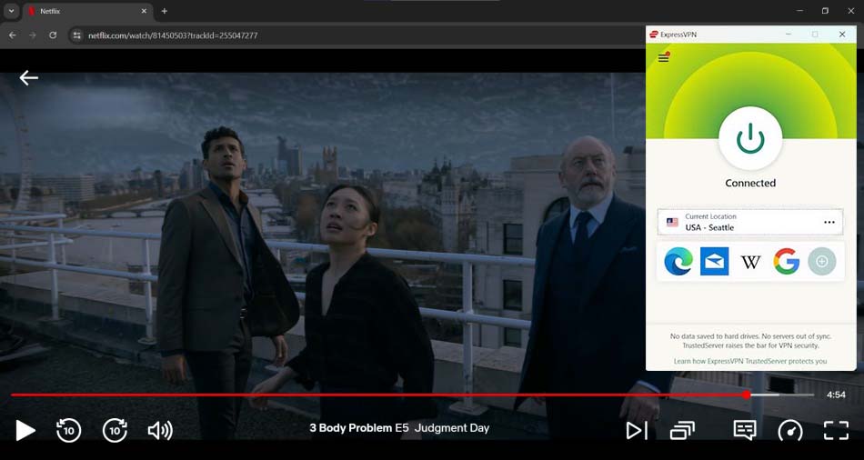 Screenshot of Netflix streaming 3 Body Problem with ExpressVPN connected to a Seattle server
