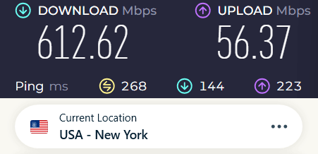 Screenshot of a speed test with ExpressVPN connected to a New York server