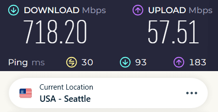 Screenshot of a speed test with ExpressVPN connected to a Seattle server