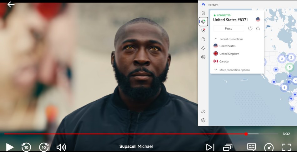 Screenshot of Netflix streaming Supacell with NordVPN connected to a US server