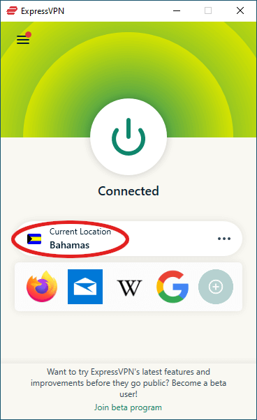 ExpressVPN connected to the Bahamas