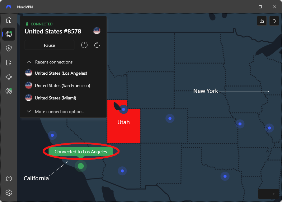 NordVPN connected to a Los Angeles, California server location for Utah residents