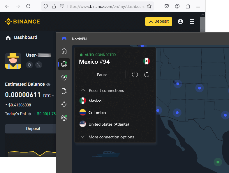 NordVPN visiting Binance.com